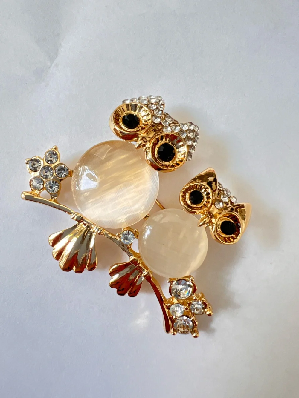 Gold Owl Duo Crystal Brooch - White Accent
